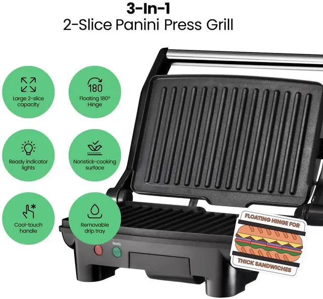 Alt view image 9 of 14 - Electric Panini Press Grill, Compact 2-Slice Sandwich Maker, Non-Stick Coated Plates, Opens 180 Degrees, Dishwasher Safe, Removable Drip Tray, Stainless Steel/Black