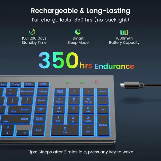Alt view image 10 of 14 - Wireless Keyboard with 7 Colored Backlits, Rechargeable Silent Compact Cordless Computer Keyboard with Low Profile Quiet Light Up Keys for Windows, PC, Linux, Chrome, Mac (Grey)