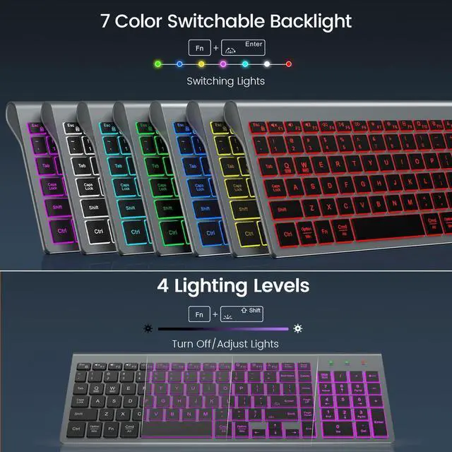 Alt view image 9 of 14 - Wireless Keyboard with 7 Colored Backlits, Rechargeable Silent Compact Cordless Computer Keyboard with Low Profile Quiet Light Up Keys for Windows, PC, Linux, Chrome, Mac (Grey)