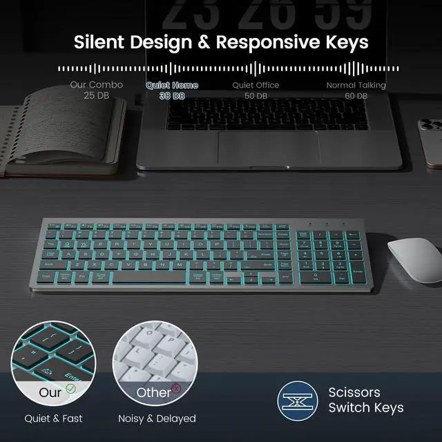 Alt view image 12 of 14 - Wireless Keyboard with 7 Colored Backlits, Rechargeable Silent Compact Cordless Computer Keyboard with Low Profile Quiet Light Up Keys for Windows, PC, Linux, Chrome, Mac (Grey)
