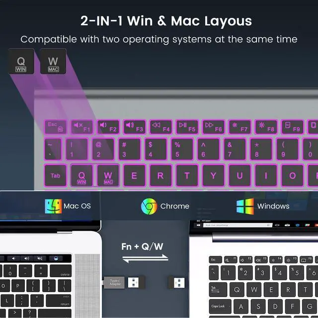 Alt view image 13 of 14 - Wireless Keyboard with 7 Colored Backlits, Rechargeable Silent Compact Cordless Computer Keyboard with Low Profile Quiet Light Up Keys for Windows, PC, Linux, Chrome, Mac (Grey)