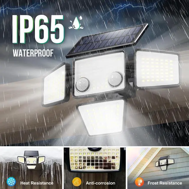 Alt view image 13 of 14 - Solar Outdoor Lights - 3000LM 188 LED Motion Sensor Outdoor Lights, 4 Heads Security Light,IP65 Waterproof, Easy Install,270°Wide Angle Flood Wall Light with 3 Modes for Backyard Yard (2 Pack)