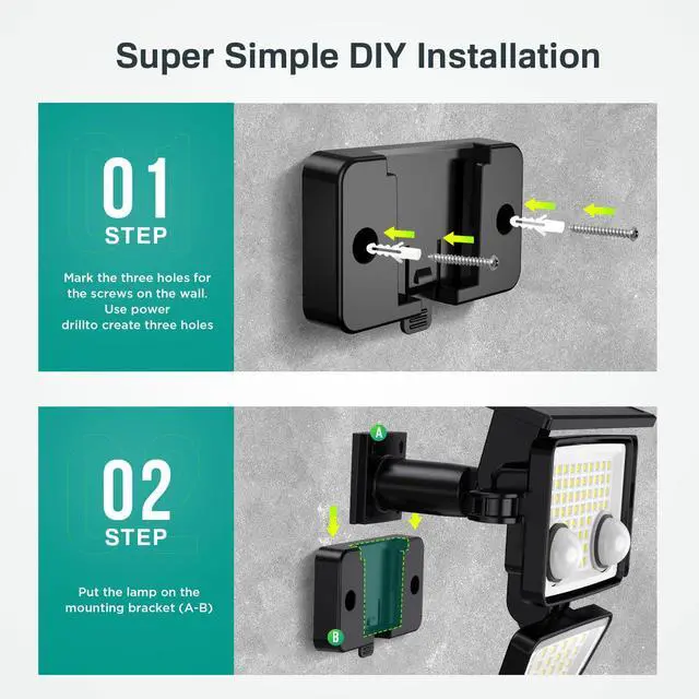Alt view image 14 of 14 - Solar Outdoor Lights - 3000LM 188 LED Motion Sensor Outdoor Lights, 4 Heads Security Light,IP65 Waterproof, Easy Install,270°Wide Angle Flood Wall Light with 3 Modes for Backyard Yard (2 Pack)