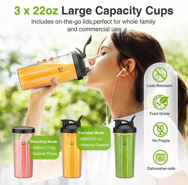 Alt view image 9 of 14 - Blender for Smoothies,Personal Blender for Shakes and Smoothies with 3 * 22oz To-Go Cups,22000 RPM Smoothie Maker,Detachable 6-leaf Blade Portable Blenders for kitchen,Black