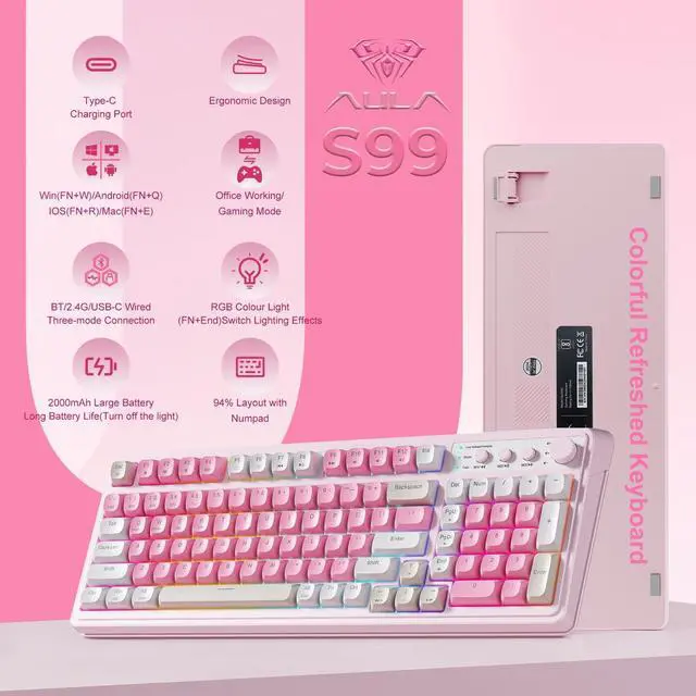 Alt view image 7 of 10 - 99 Key Keyboard, Wireless Gaming Keyboard Bluetooth Computer Keyboards Creamy Cute with Number Pad RGB Backlit Tri-Mode BT/2.4GHz/USB-C - Pink