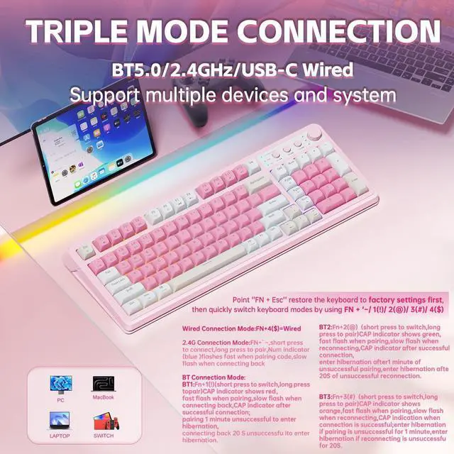 Alt view image 8 of 10 - 99 Key Keyboard, Wireless Gaming Keyboard Bluetooth Computer Keyboards Creamy Cute with Number Pad RGB Backlit Tri-Mode BT/2.4GHz/USB-C - Pink