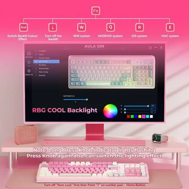 Alt view image 9 of 10 - 99 Key Keyboard, Wireless Gaming Keyboard Bluetooth Computer Keyboards Creamy Cute with Number Pad RGB Backlit Tri-Mode BT/2.4GHz/USB-C - Pink
