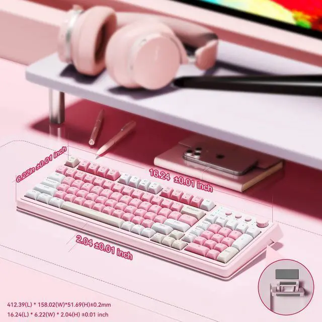 Alt view image 10 of 10 - 99 Key Keyboard, Wireless Gaming Keyboard Bluetooth Computer Keyboards Creamy Cute with Number Pad RGB Backlit Tri-Mode BT/2.4GHz/USB-C - Pink