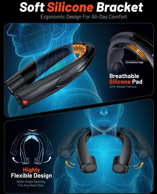 Alt view image 12 of 14 - Portable Neck Fan, 6000mAh Rechargeable Personal Fan with 6 Speeds, Up to 20 Hours Runtime, 360° Cooling Wearable Fan with LED Light, Hands-Free Fan for Travel Camping Outdoor