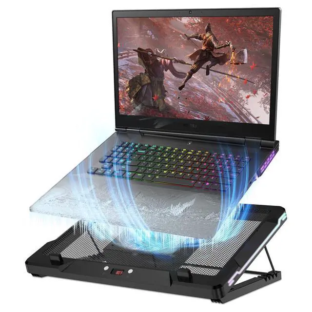 Alt view image 8 of 14 - Laptop Cooling Pad, Laptop Cooler Stand with 5.5" Movable Fan Easy to Clean, 10 RGB Light Modes, Auto Temp Sensor & 3-Speed Manual Control, Ultra Quiet 40dB for 1417.3 Inch Laptops