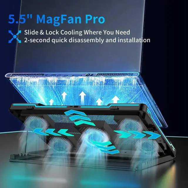 Alt view image 9 of 14 - Laptop Cooling Pad, Laptop Cooler Stand with 5.5" Movable Fan Easy to Clean, 10 RGB Light Modes, Auto Temp Sensor & 3-Speed Manual Control, Ultra Quiet 40dB for 1417.3 Inch Laptops