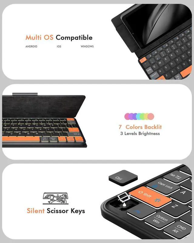 Alt view image 13 of 14 - Universal Travel Keyboard Plus, New Dual Bluetooth Portable Keypad with 7-Color Backlit & Any-Angle Stand, Wireless Tablet Keyboard for iPad/Z Fold/Galaxy Tabs/Phones, Keypad for iOS/Android/Windows