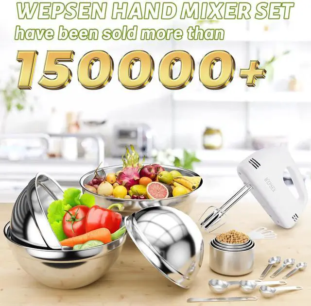 Alt view image 9 of 14 - Hand Mixer Electric Mixing Bowls Set, 5 Speeds Handheld Mixer with 4 Nesting Stainless Steel Mixing Bowl, Measuring Cups Spoons 200W Kitchen Blender Whisk Beater Baking Supplies For Beginner