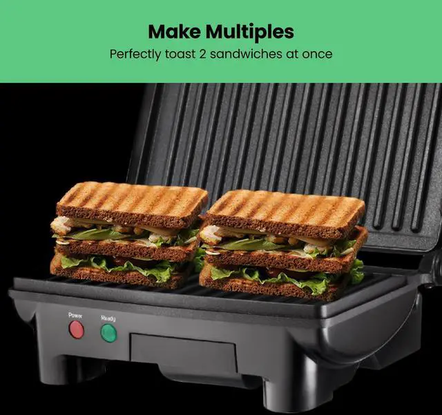 Alt view image 12 of 14 - Electric Panini Press Grill, Compact 2-Slice Sandwich Maker, Non-Stick Coated Plates, Opens 180 Degrees, Dishwasher Safe, Removable Drip Tray, Stainless Steel/Black