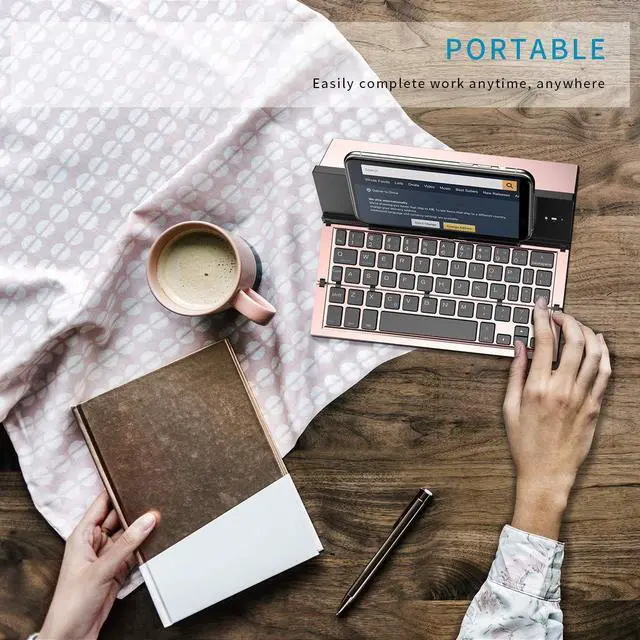 Alt view image 12 of 14 - Bluetooth Keyboard Foldable Portable Folding Travel Keyboard for iPhone 15 Pro Plus/Xs/max/x/14/13 /12/11 /iPad/iPad mini 4, Samsung Android Tablet Smart Phone (Rose Gold)