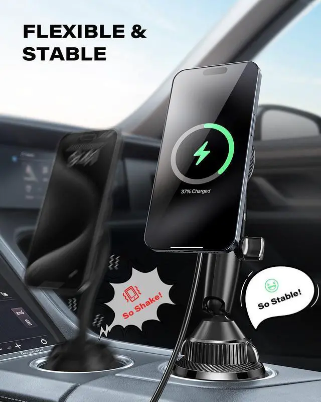 Alt view image 12 of 14 - Upgraded for QI2 Magsafe Cup Holder Charger, Car Mount Charger 15W Fast Charging, Wireless Magnetic Cell Phone Stand with Tri-Pivot Arm for iPhone 17 Air Pro Max Plus 16 15 14 13 12