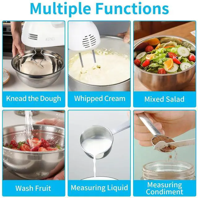 Alt view image 14 of 14 - Hand Mixer Electric Mixing Bowls Set, 5 Speeds Handheld Mixer with 4 Nesting Stainless Steel Mixing Bowl, Measuring Cups Spoons 200W Kitchen Blender Whisk Beater Baking Supplies For Beginner