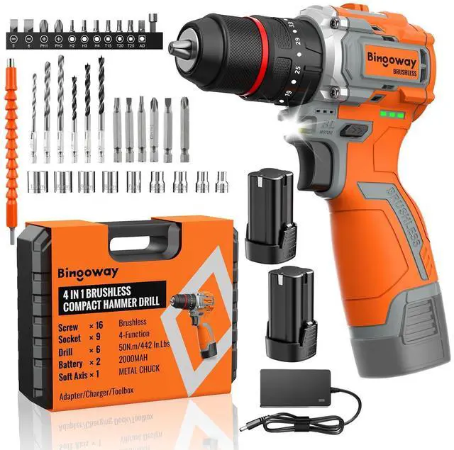 Alt view image 8 of 14 - 50N.m Brushless Cordless Drill, 16V 4-Function Electric Drill with 36 pcs Accessories, Keyless Metal Chuck, 35 Torque Adjustment, 2pcs Batteries, 2 Speed, Screwdriver, Wrench, Impact Gun For Housework