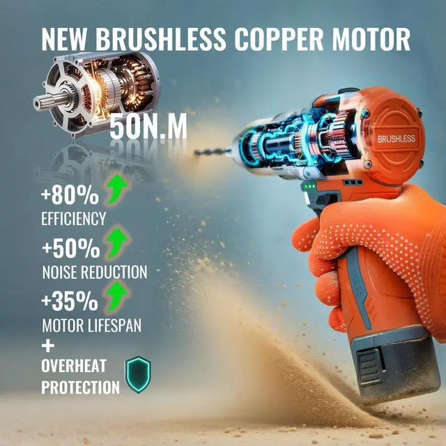 Alt view image 10 of 14 - 50N.m Brushless Cordless Drill, 16V 4-Function Electric Drill with 36 pcs Accessories, Keyless Metal Chuck, 35 Torque Adjustment, 2pcs Batteries, 2 Speed, Screwdriver, Wrench, Impact Gun For Housework