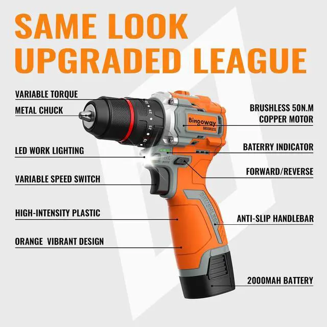 Alt view image 11 of 14 - 50N.m Brushless Cordless Drill, 16V 4-Function Electric Drill with 36 pcs Accessories, Keyless Metal Chuck, 35 Torque Adjustment, 2pcs Batteries, 2 Speed, Screwdriver, Wrench, Impact Gun For Housework