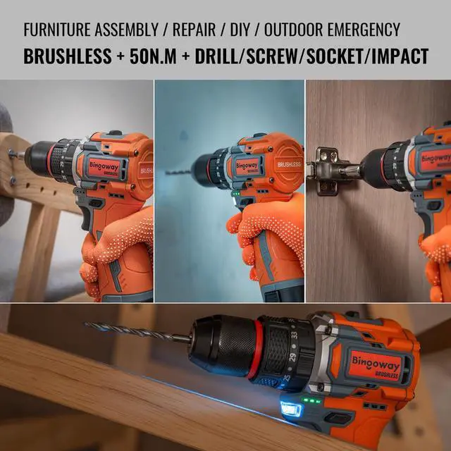 Alt view image 14 of 14 - 50N.m Brushless Cordless Drill, 16V 4-Function Electric Drill with 36 pcs Accessories, Keyless Metal Chuck, 35 Torque Adjustment, 2pcs Batteries, 2 Speed, Screwdriver, Wrench, Impact Gun For Housework
