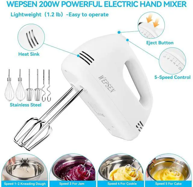 Alt view image 10 of 14 - Hand Mixer Electric Mixing Bowls Set, 5 Speeds Handheld Mixer with 4 Nesting Stainless Steel Mixing Bowl, Measuring Cups Spoons 200W Kitchen Blender Whisk Beater Baking Supplies For Beginner