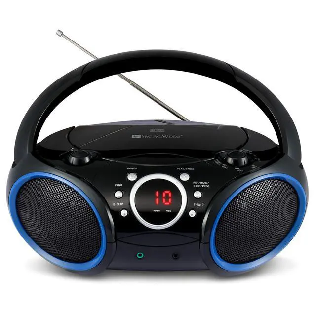 Alt view image 8 of 14 - SBX030C Portable CD Player Boombox with AM/FM Stereo Radio, Aux Line-in, Headphone Jack, Top-Loading Disc Player, AC or Battery Powered, Foldable Handle (Black with Blue Rims)
