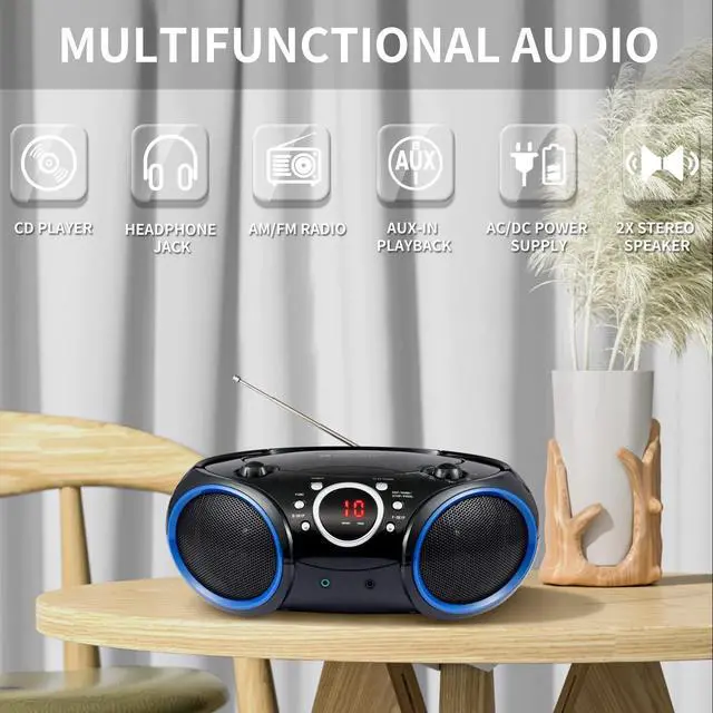 Alt view image 9 of 14 - SBX030C Portable CD Player Boombox with AM/FM Stereo Radio, Aux Line-in, Headphone Jack, Top-Loading Disc Player, AC or Battery Powered, Foldable Handle (Black with Blue Rims)