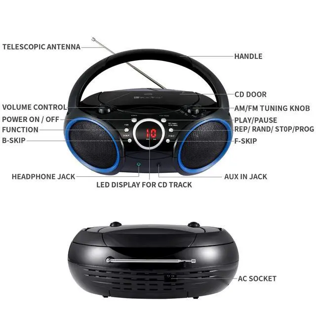 Alt view image 10 of 14 - SBX030C Portable CD Player Boombox with AM/FM Stereo Radio, Aux Line-in, Headphone Jack, Top-Loading Disc Player, AC or Battery Powered, Foldable Handle (Black with Blue Rims)