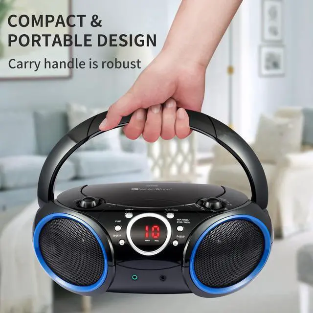 Alt view image 11 of 14 - SBX030C Portable CD Player Boombox with AM/FM Stereo Radio, Aux Line-in, Headphone Jack, Top-Loading Disc Player, AC or Battery Powered, Foldable Handle (Black with Blue Rims)