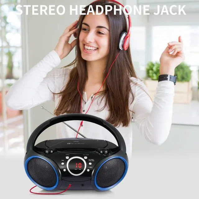 Alt view image 13 of 14 - SBX030C Portable CD Player Boombox with AM/FM Stereo Radio, Aux Line-in, Headphone Jack, Top-Loading Disc Player, AC or Battery Powered, Foldable Handle (Black with Blue Rims)