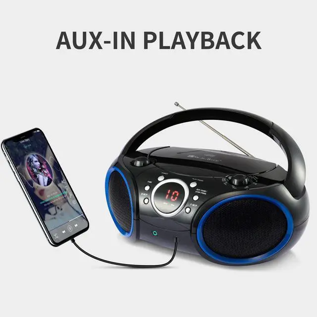 Alt view image 14 of 14 - SBX030C Portable CD Player Boombox with AM/FM Stereo Radio, Aux Line-in, Headphone Jack, Top-Loading Disc Player, AC or Battery Powered, Foldable Handle (Black with Blue Rims)