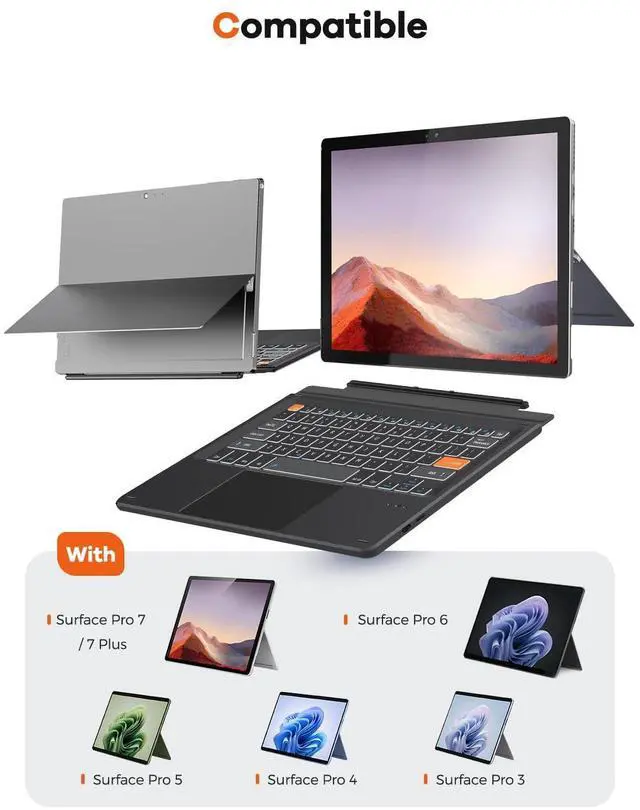 Alt view image 9 of 14 - Surface Pro 7/7 Plus/6/5/4/3 12.3 inch Keyboard, Bluetooth Keyboard with Touch Pad & Lighting Keys Compatible with Surface Pro 12.3", Ultra-Slim Wireless Keypad for Windows 11