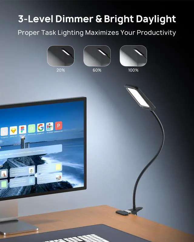 Alt view image 9 of 14 - LED Desk Lamp with Clamp, 1000LM Super Bright 3-Level Dimmable Desk Light 6000K Daylight, Extra-Long Flexible Gooseneck Clip on Light, Eye-Care Clamp Lamp for Painting, Workbench,Reading, Sewing