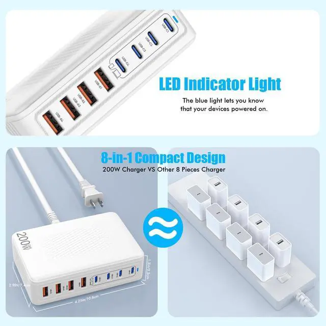 Alt view image 12 of 14 - USB C Charger Block,200W GaN 8 Port USB C Charging Station USB Hub Block Cube Type C & USB A Wall Charger Power Adapter for Multiple Devices Apple iPhone 16/15/14,Steam Deck,MacBook Pro/Air,iPad Pro