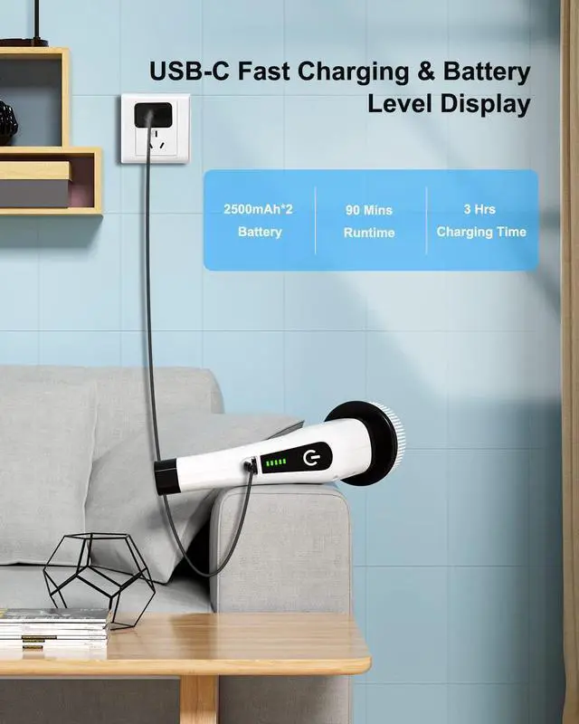Alt view image 11 of 14 - Electric Spin Scrubber, Cordless Cleaning Brush with 8 Replaceable Brush Heads, Tub and Floor Tile 360 Power Scrubber Dual Speed with Adjustable & Detachable Handle for Bathroom Kitchen Car