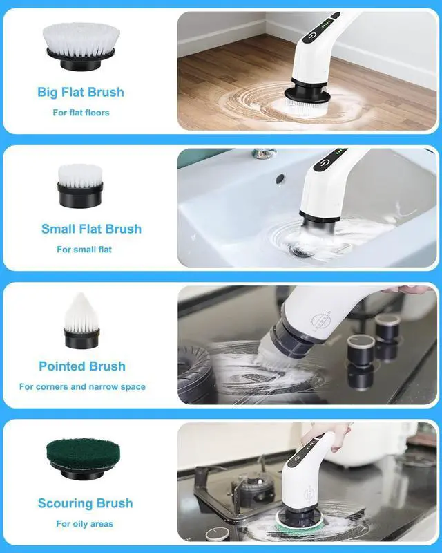 Alt view image 12 of 14 - Electric Spin Scrubber, Cordless Cleaning Brush with 8 Replaceable Brush Heads, Tub and Floor Tile 360 Power Scrubber Dual Speed with Adjustable & Detachable Handle for Bathroom Kitchen Car