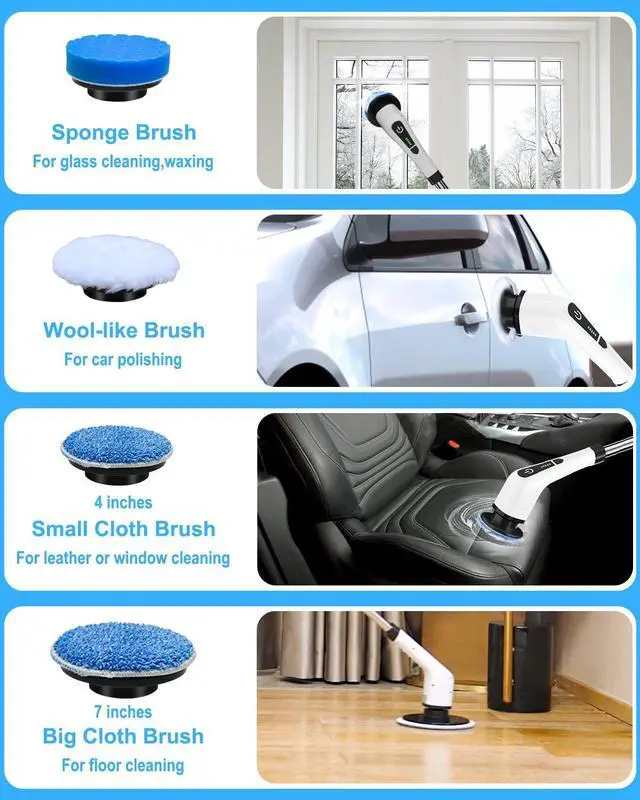 Alt view image 13 of 14 - Electric Spin Scrubber, Cordless Cleaning Brush with 8 Replaceable Brush Heads, Tub and Floor Tile 360 Power Scrubber Dual Speed with Adjustable & Detachable Handle for Bathroom Kitchen Car