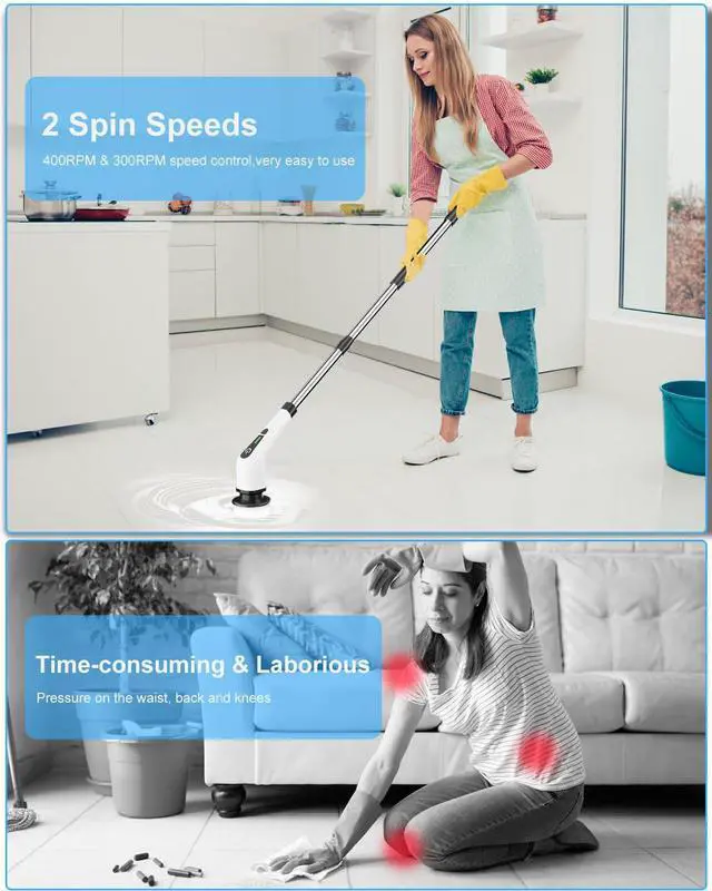 Alt view image 9 of 14 - Electric Spin Scrubber, Cordless Cleaning Brush with 8 Replaceable Brush Heads, Tub and Floor Tile 360 Power Scrubber Dual Speed with Adjustable & Detachable Handle for Bathroom Kitchen Car