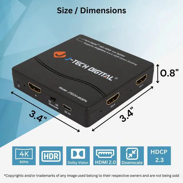 Alt view image 14 of 14 - HDMI Splitter 4K 60Hz 1X4 Multi-Resolution Output (MRO) HDMI 2.0 Splitter Supports downscale HDR HDR10 / Dolby Vision 4K@60Hz 4:4:4 HDCP2.3 2.2 (JTECH-4KSP4)