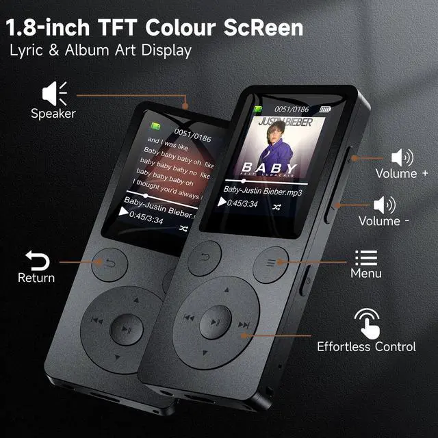 Alt view image 14 of 14 - 64GB MP3 Player with Bluetooth 5.3 Auto Reconnect, MP3 Music Player with Speaker, 1.8" Screen & Physical Buttons, Voice Recorder, FM Radio, 40H Battery Life, No WiFi, Support 128GB microSD Card