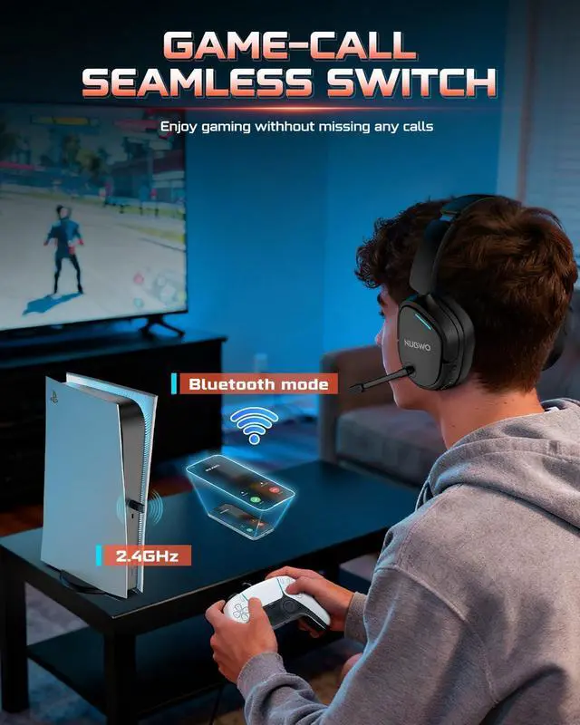 Alt view image 11 of 14 - Wireless Gaming Headset for PS5, PS4, PC, Laptop, Mac, 3 in 1 Gaming Headphones with 7.1 Surround Sound, Noise Canceling Mic, 20ms Low-Latency, 80Hr Battery, 2.4GHz/Bluetooth 5.4/3.5mm Wired