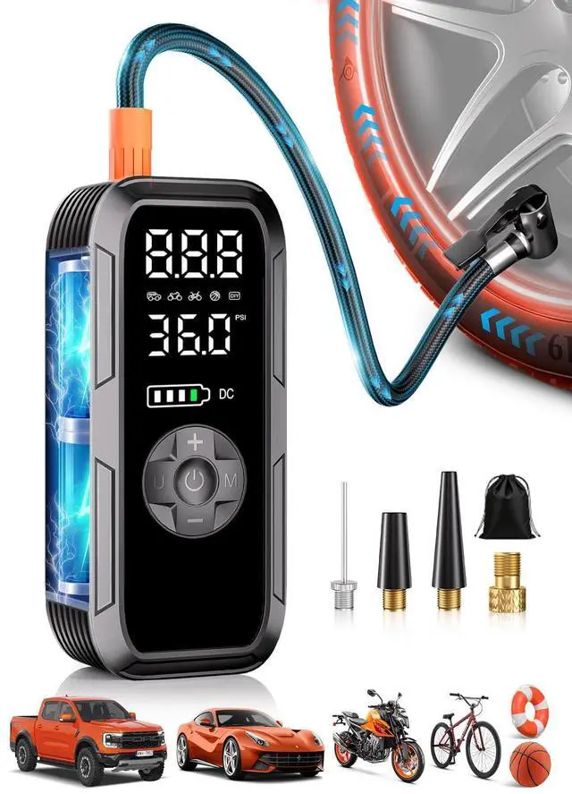 Alt view image 8 of 14 - Y51 Tire Inflator Portable Air Compressor, 150 PSI Cordless Electric Air Pump for Car Tires, Auto Shut-Off/ 4500mAh/ 12V DC Car Plug/Accurate LCD Display & LED Light for Car, Motorcycle, Bike, Ball