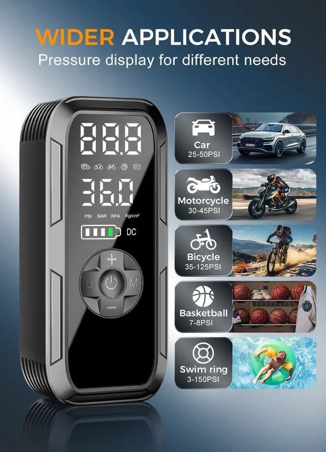 Alt view image 10 of 14 - Y51 Tire Inflator Portable Air Compressor, 150 PSI Cordless Electric Air Pump for Car Tires, Auto Shut-Off/ 4500mAh/ 12V DC Car Plug/Accurate LCD Display & LED Light for Car, Motorcycle, Bike, Ball