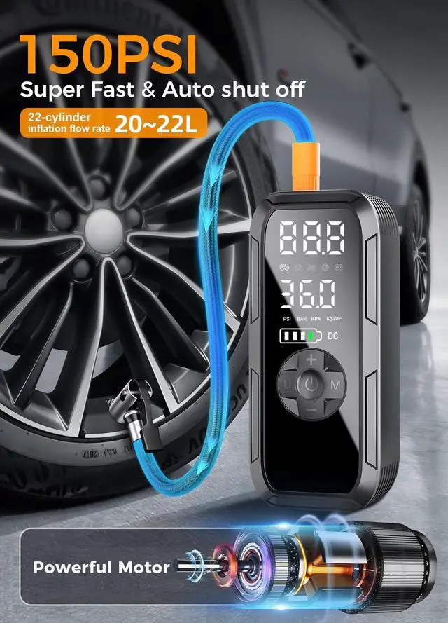 Alt view image 9 of 14 - Y51 Tire Inflator Portable Air Compressor, 150 PSI Cordless Electric Air Pump for Car Tires, Auto Shut-Off/ 4500mAh/ 12V DC Car Plug/Accurate LCD Display & LED Light for Car, Motorcycle, Bike, Ball