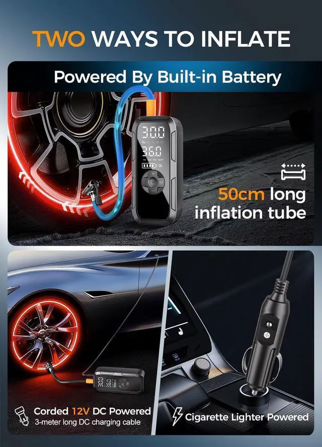 Alt view image 12 of 14 - Y51 Tire Inflator Portable Air Compressor, 150 PSI Cordless Electric Air Pump for Car Tires, Auto Shut-Off/ 4500mAh/ 12V DC Car Plug/Accurate LCD Display & LED Light for Car, Motorcycle, Bike, Ball