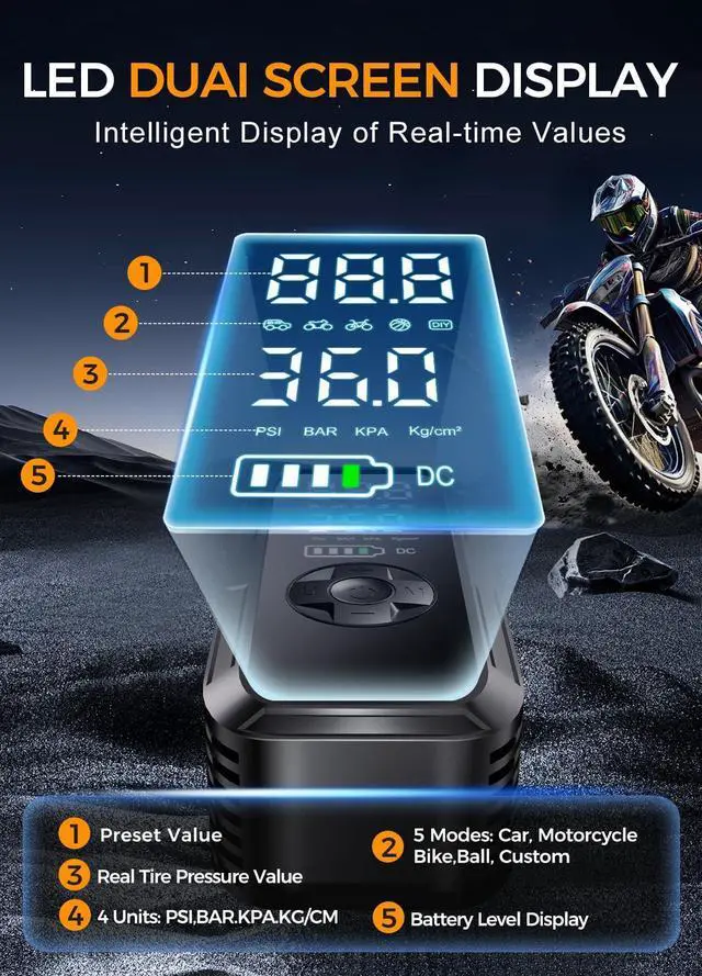 Alt view image 14 of 14 - Y51 Tire Inflator Portable Air Compressor, 150 PSI Cordless Electric Air Pump for Car Tires, Auto Shut-Off/ 4500mAh/ 12V DC Car Plug/Accurate LCD Display & LED Light for Car, Motorcycle, Bike, Ball