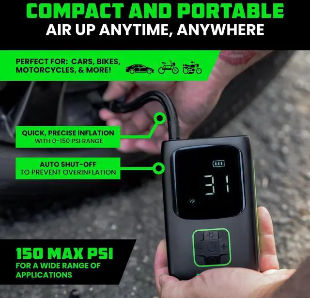 Alt view image 9 of 14 - Tire Inflator Portable Air Compressor (150 PSI) Upgraded Air Pump for Car Tires with Digital Pressure Gauge - Best Mini Air Pump for Bike Tires with Dual LCD Screen (Black & Green)