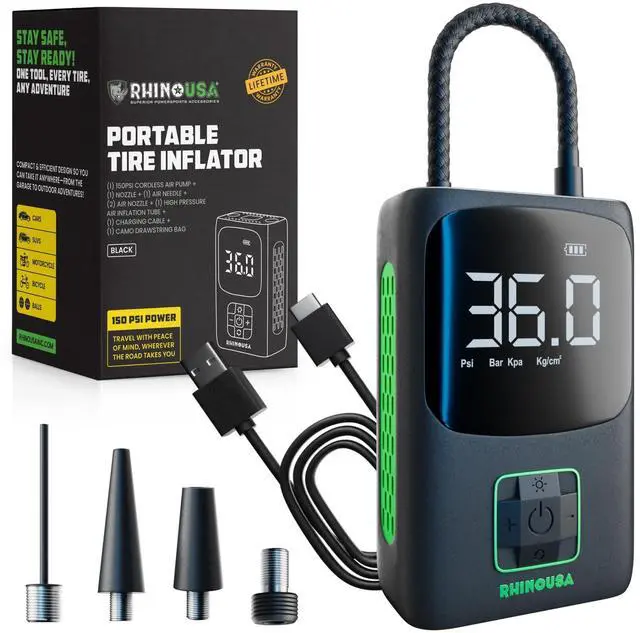 Alt view image 8 of 14 - Tire Inflator Portable Air Compressor (150 PSI) Upgraded Air Pump for Car Tires with Digital Pressure Gauge - Best Mini Air Pump for Bike Tires with Dual LCD Screen (Black & Green)