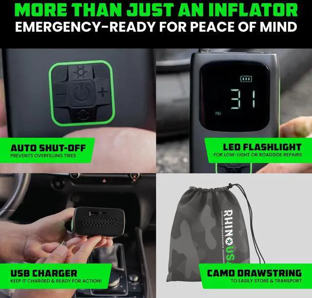 Alt view image 11 of 14 - Tire Inflator Portable Air Compressor (150 PSI) Upgraded Air Pump for Car Tires with Digital Pressure Gauge - Best Mini Air Pump for Bike Tires with Dual LCD Screen (Black & Green)